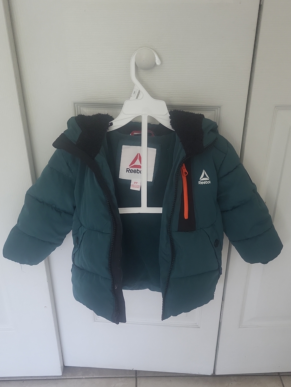 2T Reebok Kids' Teal Green Hooded Puffer Jacket with Orange Accent